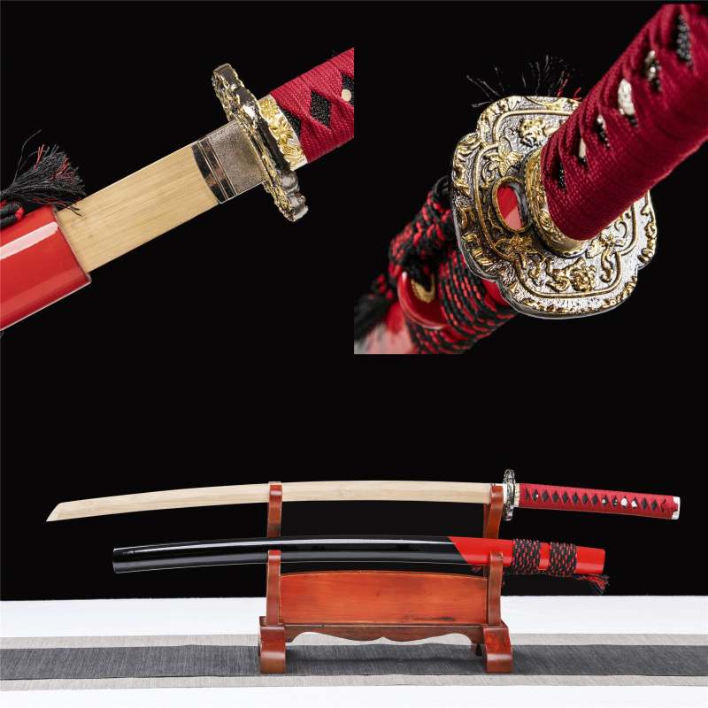 Two-Color Katana,Black and red,Wooden Katana,Japanese Samurai Sword,Handmade Wooden Sword,Bamboo Blade