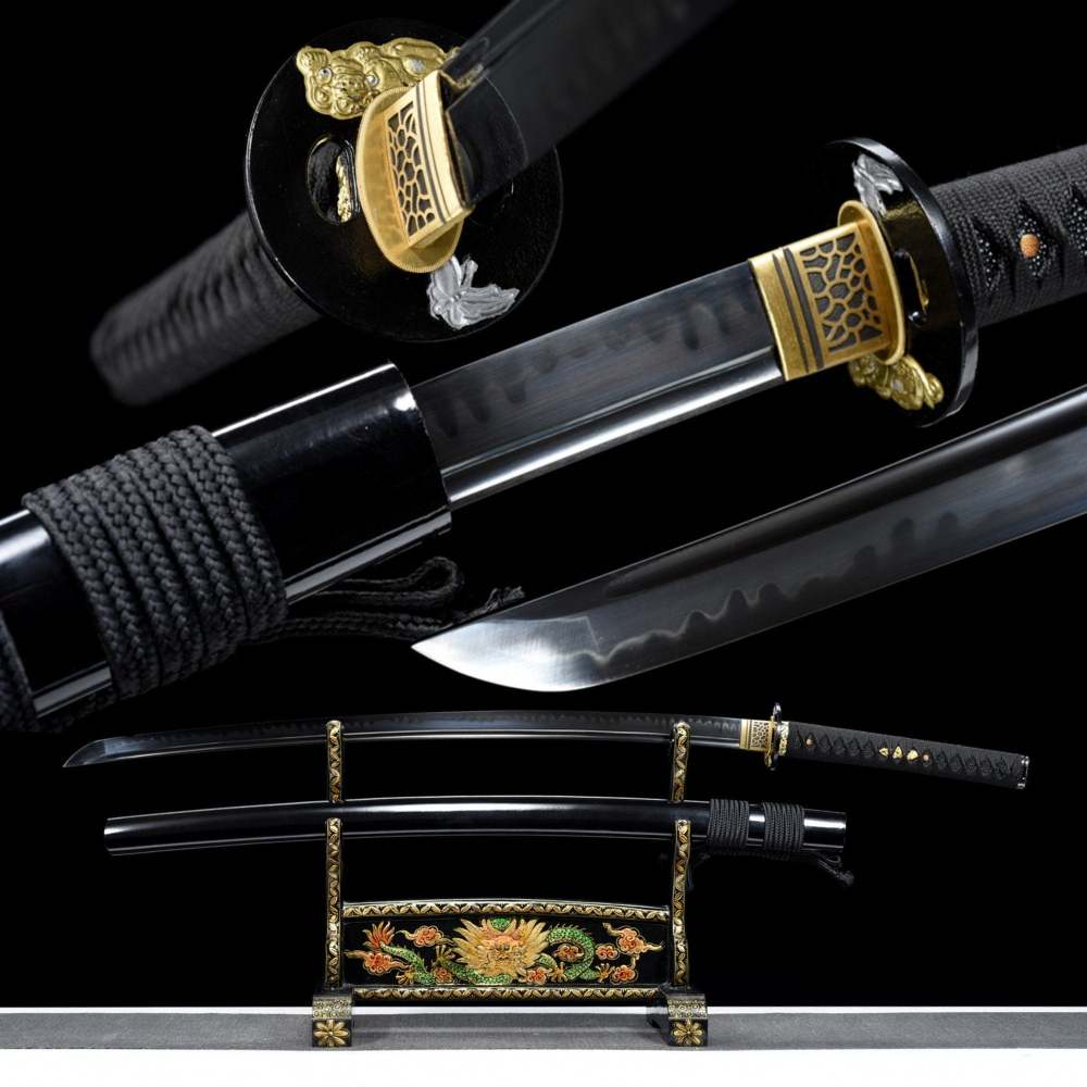Blackwing Katana,Japanese Samurai Sword,Real Handmade Katana,1095 Steel,Clay tempered,Black blade