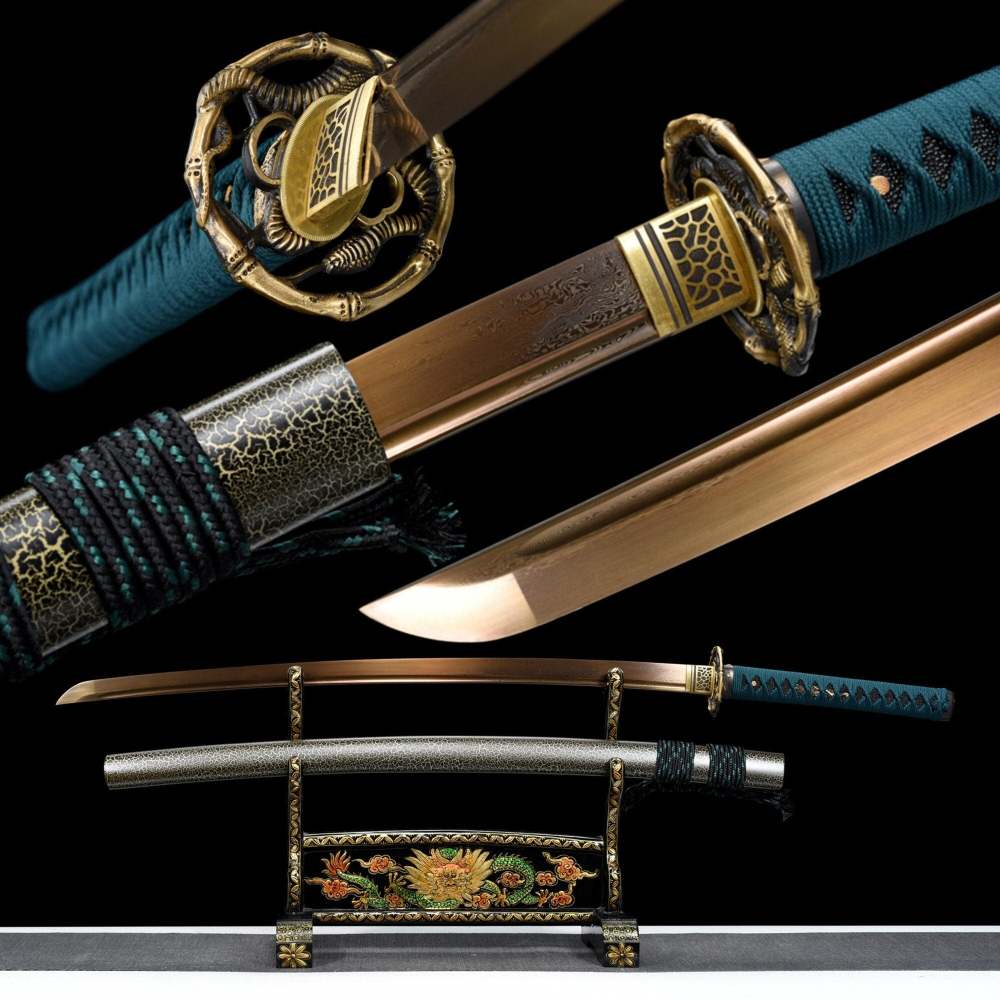 Golden Snake Katana,Japanese Samurai Sword,Real Handmade Katana,Damascus Steel,Roasted Gold Blade