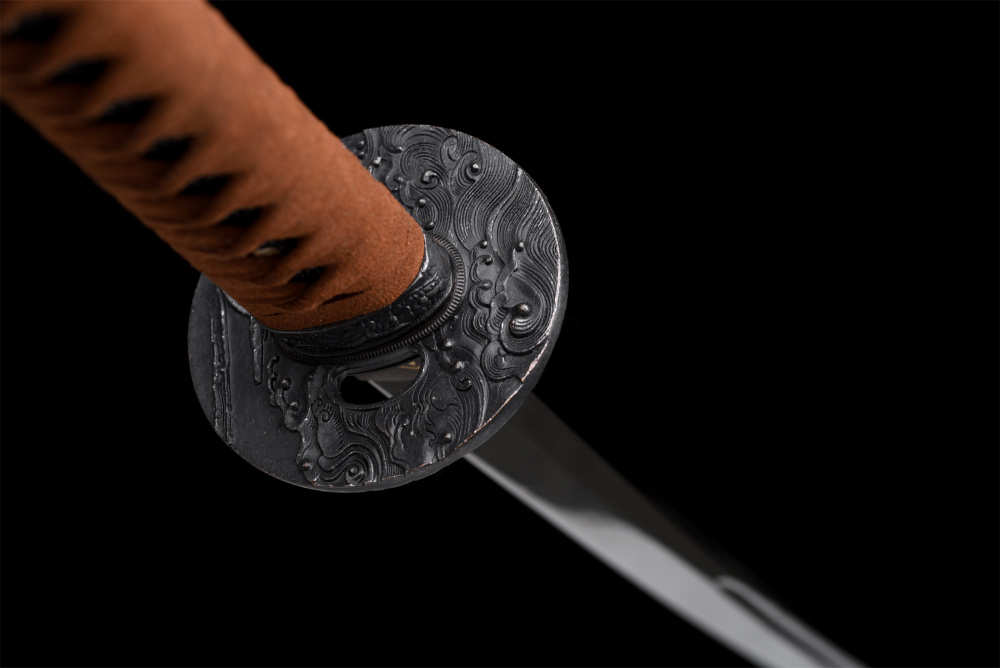 Hand-Forged High Manganese Steel Katana Sword - Japanese Samurai Blade with Water Wave Tsuba, Full Tang