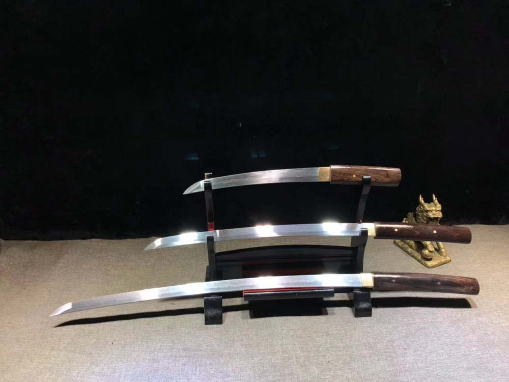 Ebony Katana Set, Katana, Wakizashi, and Tanto Sword,Japanese Samurai Sword,Real Katana,Handmade sword, Folded patterned steel