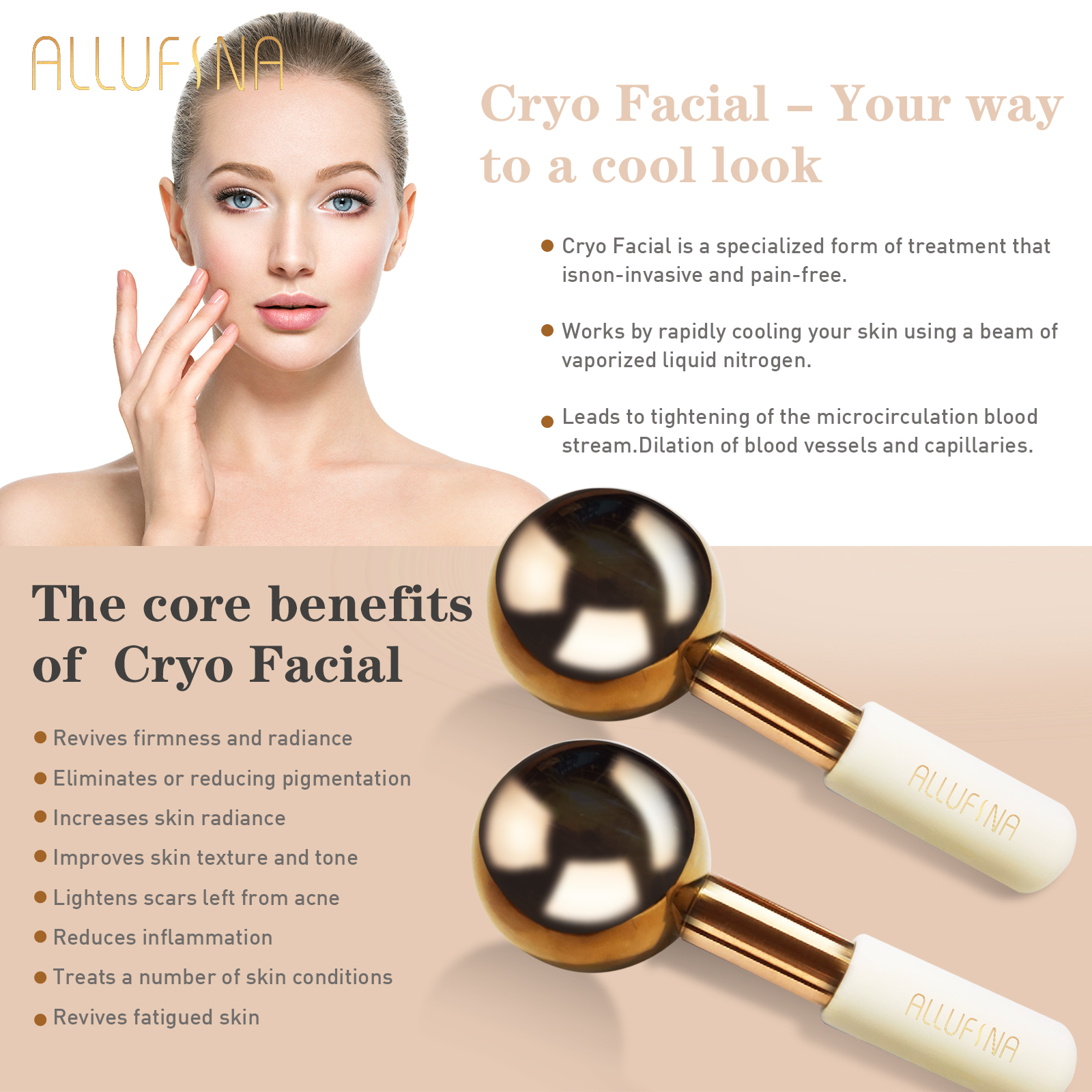 ALLUFINA Facial Ice Globes With Tea Tree Serum Gold Unbreakable Steel Cooling Roller Cryo Sticks for Face Massager For Neck & Eyes