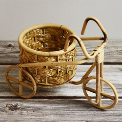 Bicycle Decorative Flower Basket Bamboo Tricycle Bike Design Flower Basket Storage Party Decoration Pots