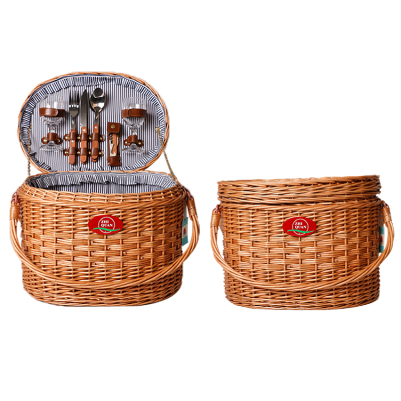 outdoor camping Factory Hot Sell Family oval Folding Double Handle 2 person wicker willow Picnic Basket Set for 2