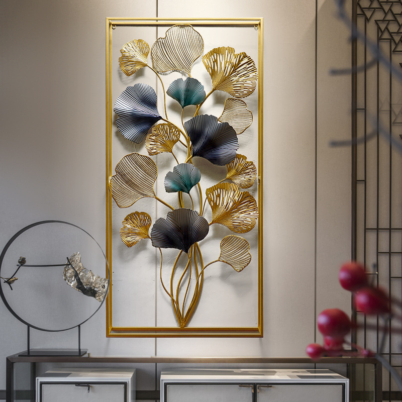Luxury Big Size Rectangle Gold Wrought Iron Wall Decoration Iron Art Ginkgo Leaves Display Art Hanging on Wall