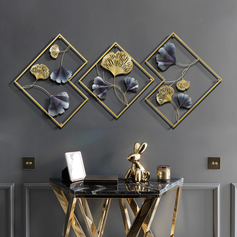 Iron Wall Sculptures Set of 3 Diamond shaped Metal Wall Decor with Gingko Biloba Art Great for Home Hotel Decoration