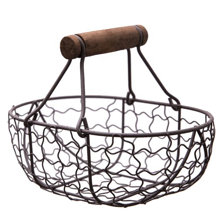 Kitchen Accessories Oval Chicken Metal Wire Storage Vegetable Bread Egg Basket with Wood Handles