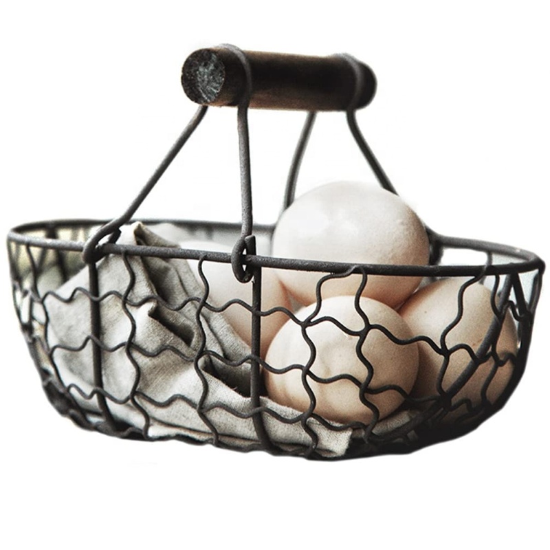 Kitchen Accessories Oval Chicken Metal Wire Storage Vegetable Bread Egg Basket with Wood Handles