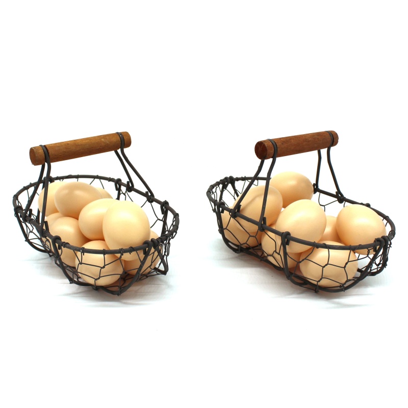 Kitchen Accessories Oval Chicken Metal Wire Storage Vegetable Bread Egg Basket with Wood Handles