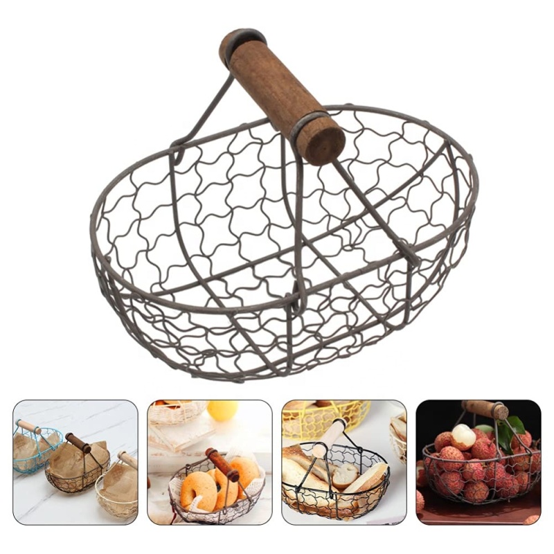 Kitchen Accessories Oval Chicken Metal Wire Storage Vegetable Bread Egg Basket with Wood Handles