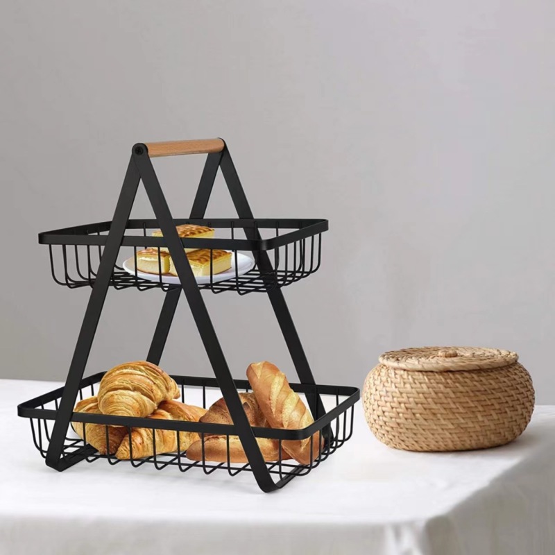 kitchen baskets 2 Layer Black Customized Ins Vegetable Fruit House Decorated Wood Handle Metal Storage Organizers Wire Basket