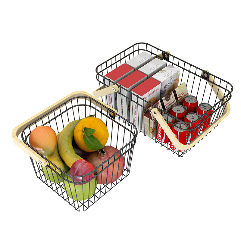 2023 Home Kitchen Countertop Metal Wire Pantry Fruit Storage Basket Organizer with Wood Handle