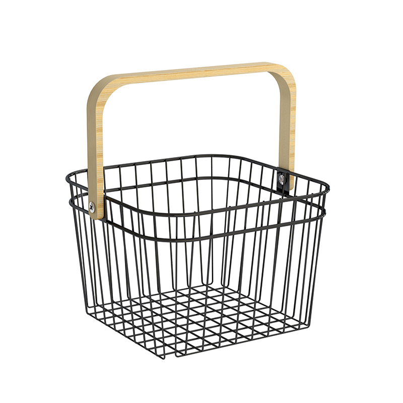 2023 Home Kitchen Countertop Metal Wire Pantry Fruit Storage Basket Organizer with Wood Handle