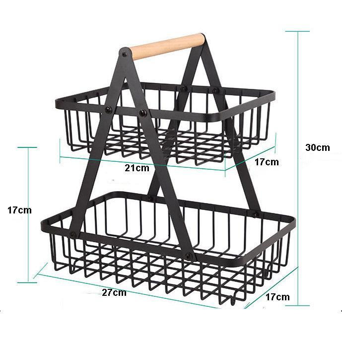 kitchen baskets 2 Layer Black Customized Ins Vegetable Fruit House Decorated Wood Handle Metal Storage Organizers Wire Basket