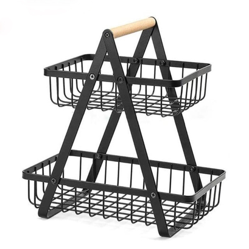 kitchen baskets 2 Layer Black Customized Ins Vegetable Fruit House Decorated Wood Handle Metal Storage Organizers Wire Basket