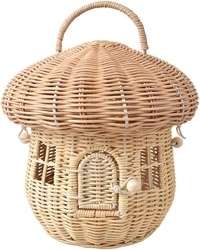 Katior Rattan House Shaped Basket With Lid, Decorative Hand Woven Shelf Organizer With Folding Handle Harvest Wicker Basket For Picnics