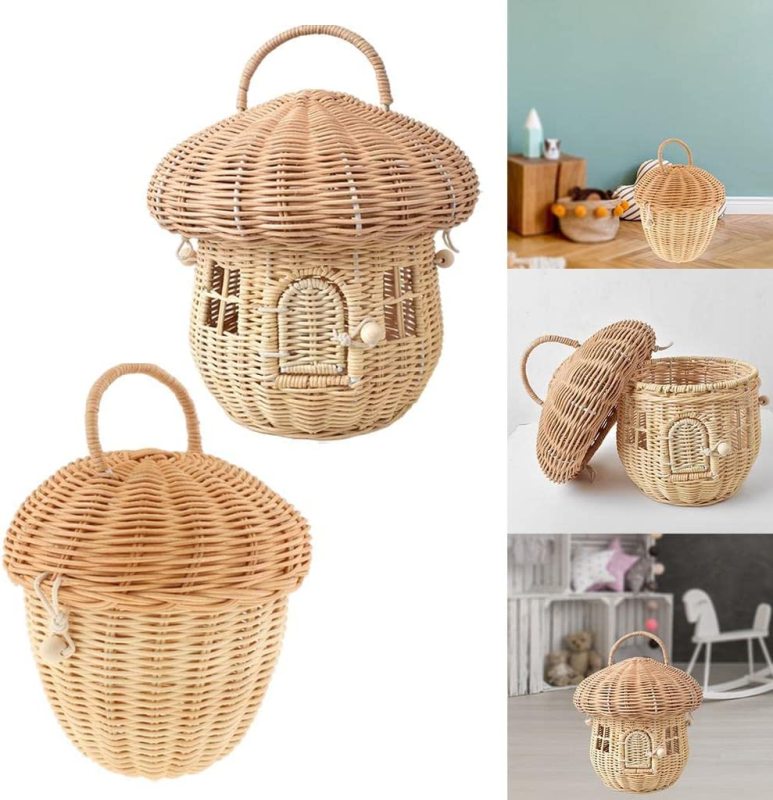 Rattan Storage Basket Decorative Woven Basket with Lid, Woven Handles Baskets for Shelf Organizer, Baby Kid Room Decor Box