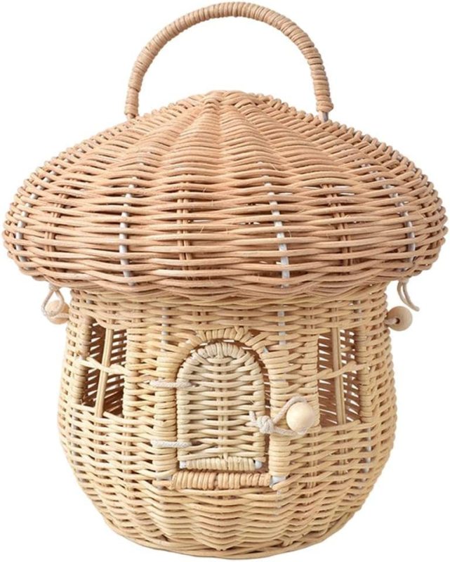 Rattan Storage Basket Decorative Woven Basket with Lid, Woven Handles Baskets for Shelf Organizer, Baby Kid Room Decor Box