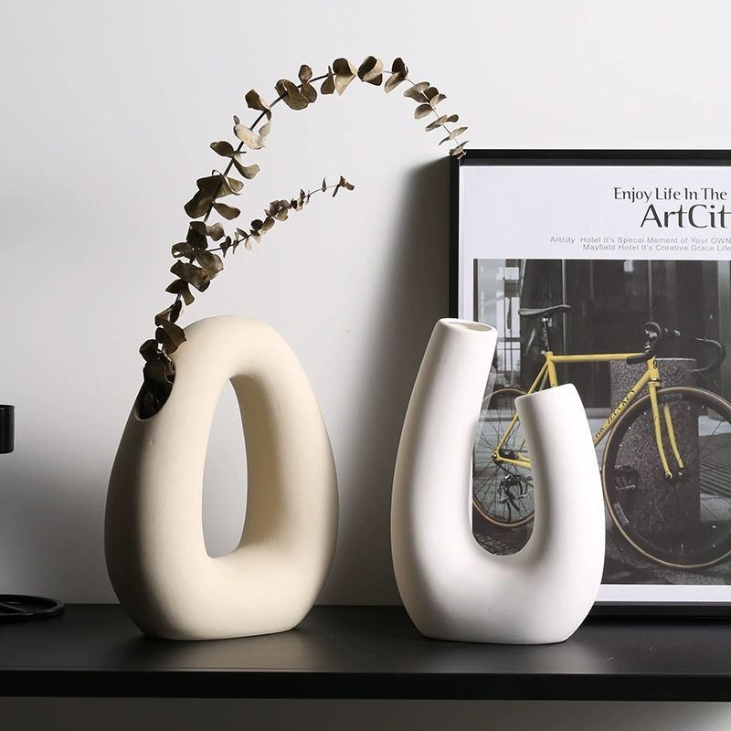 white ceramic vase nordic abstract matte hollow geometric art dried flower bud ceramic donut vase home table office decoration