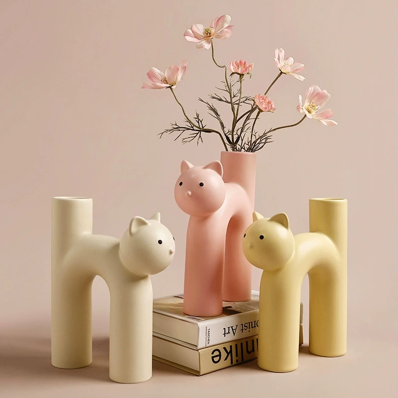 Creative Abstract Cute Cat Head Vase Decor Ins Style High Quality Ceramic Flower Tube Vase