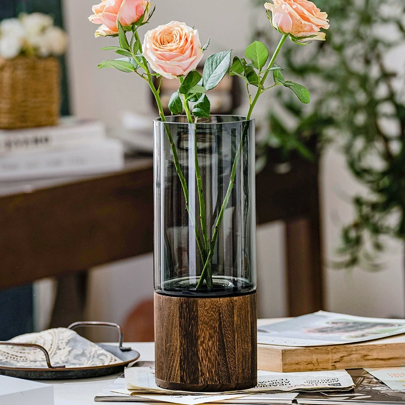 Creative Wooden Base Vase Glass Flowers Vase Living Room Dining Table Home Decoration Vase