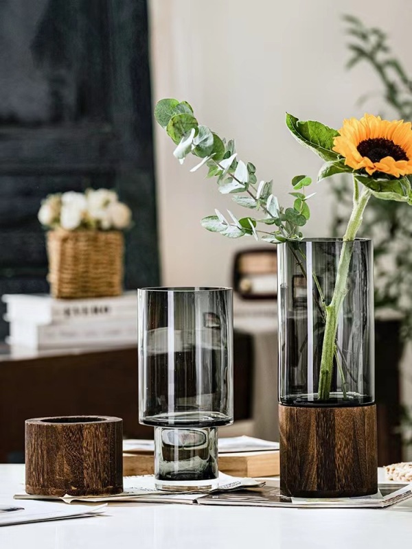 Glass Flower Vase Modern Cylinder Vase Handmade Crystal Clear Glass Vase With Wooden Base Flower Flower Plant Vase