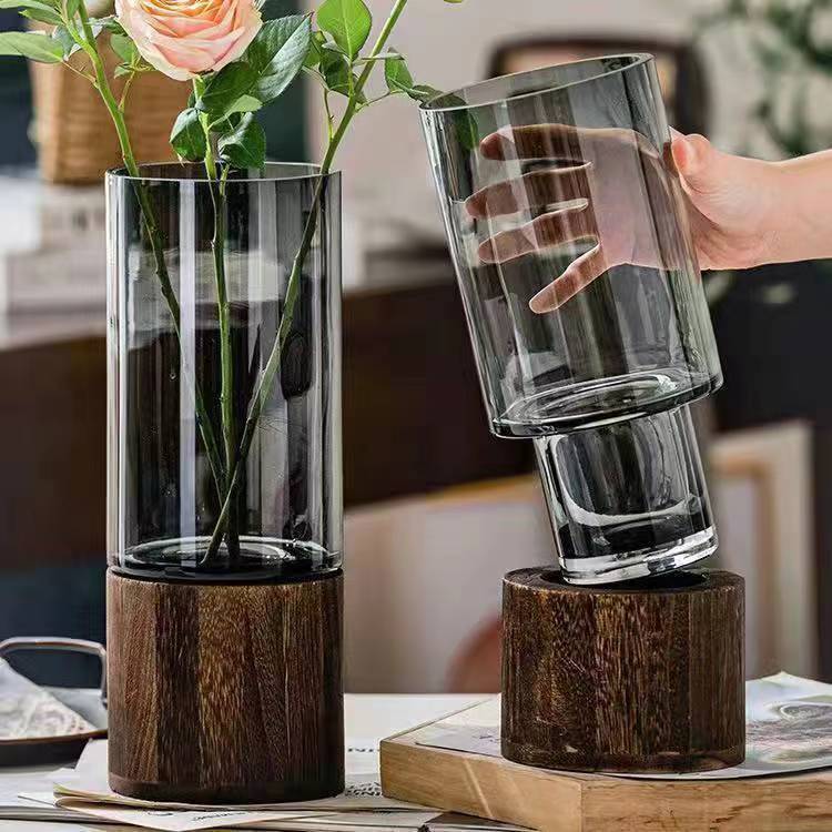 Glass Flower Vase Modern Cylinder Vase Handmade Crystal Clear Glass Vase With Wooden Base Flower Flower Plant Vase