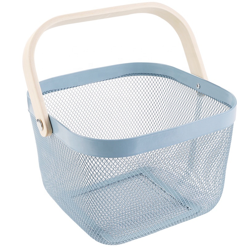New Fashion Home Storage Picnic Portable Iron Metal Basket Laundry With Wooden Handle Braided Toy Towels Blanket Basket