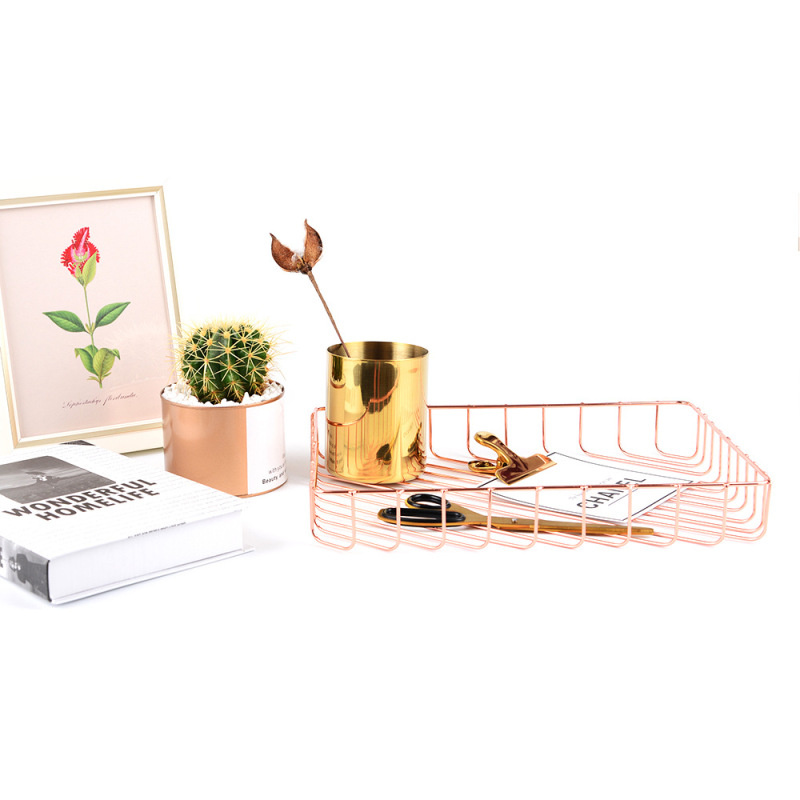 Rose Gold Metal Wire Openwork Office Accessories Desk Document File Tray For Home &amp; Study
