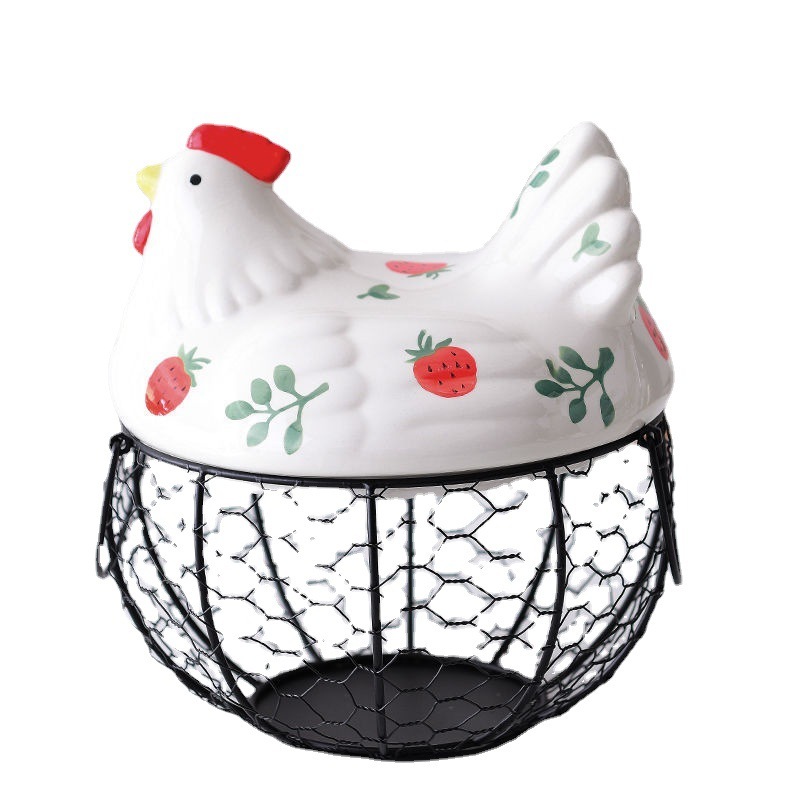 Farmhouse Style Ceramic Kitchen Egg Collecting Basket Large Hen Shaped Metal Mesh Fruit Potato Storage Container With Lid