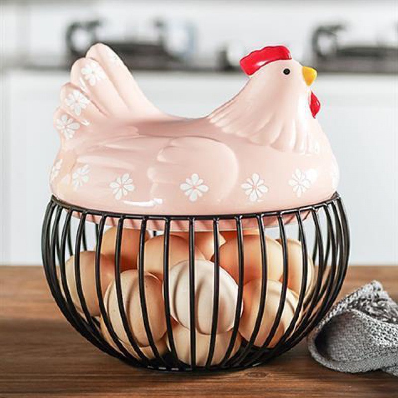 Farmhouse Style Ceramic Kitchen Egg Collecting Basket Large Hen Shaped Metal Mesh Fruit Potato Storage Container With Lid