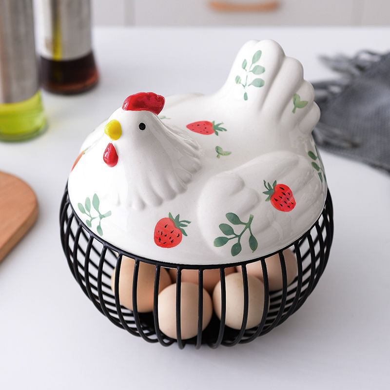 Farmhouse Style Ceramic Kitchen Egg Collecting Basket Large Hen Shaped Metal Mesh Fruit Potato Storage Container With Lid