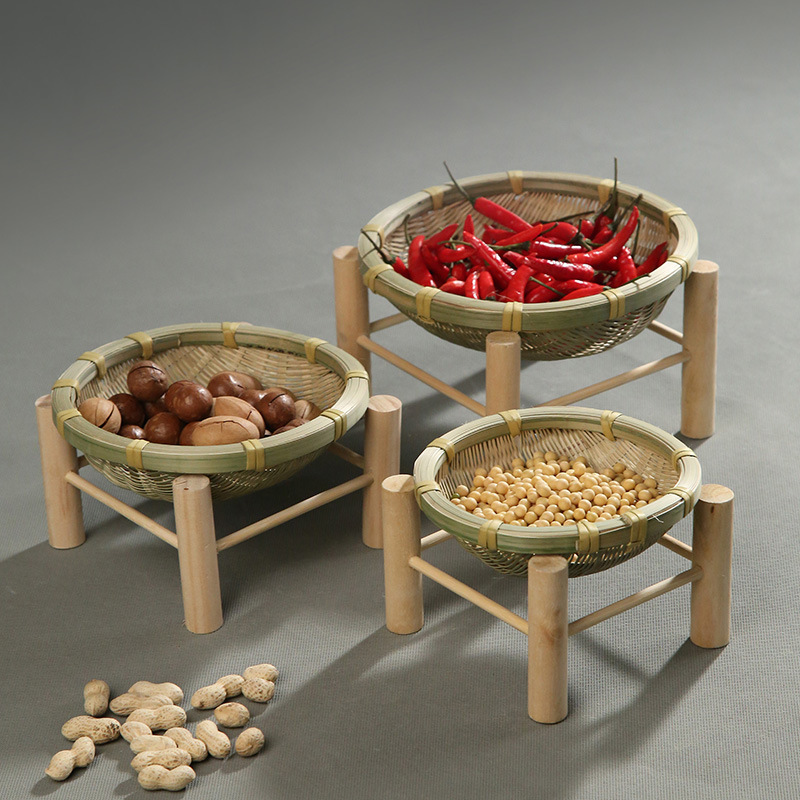 Handmade Round Bamboo Fruit Bread Flat Woven Trays Basket