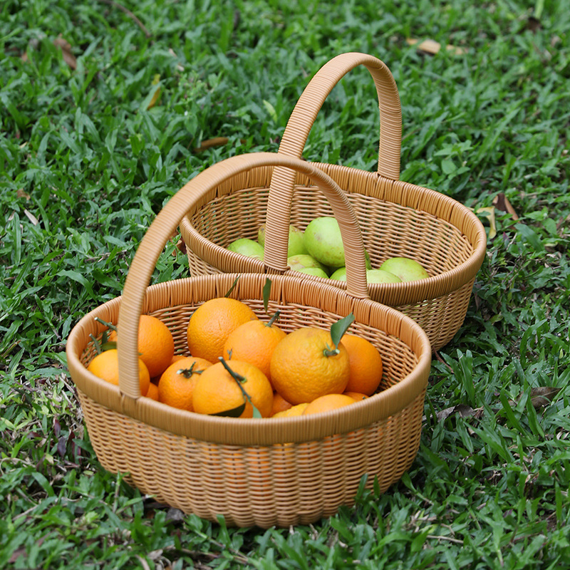 Oval PP Rattan Handwoven Picnic Basket Fruit Egg Storage Basket with Handle