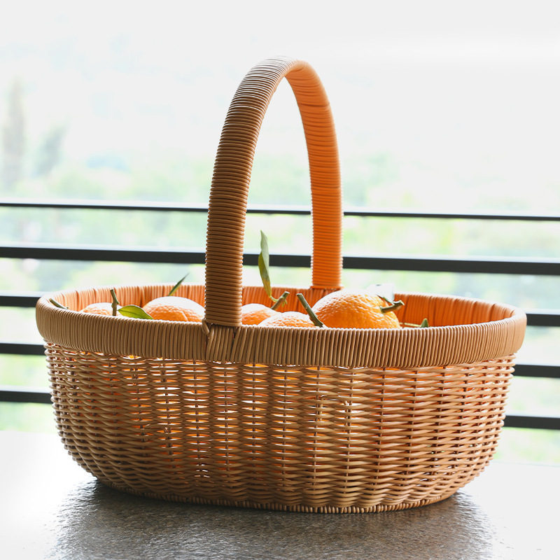 Oval PP Rattan Handwoven Picnic Basket Fruit Egg Storage Basket with Handle