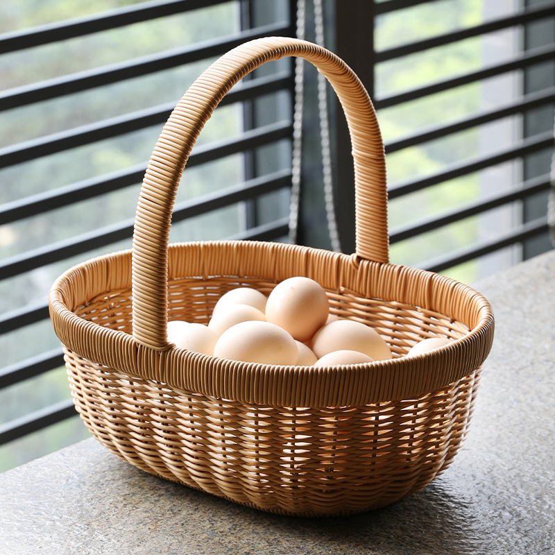 Oval PP Rattan Handwoven Picnic Basket Fruit Egg Storage Basket with Handle