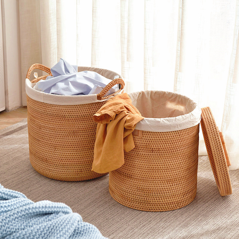 High Quality Natural Handwoven Rattan Storage Basket Round Laundry Basket With Lid For Home Tidy Storage Basket