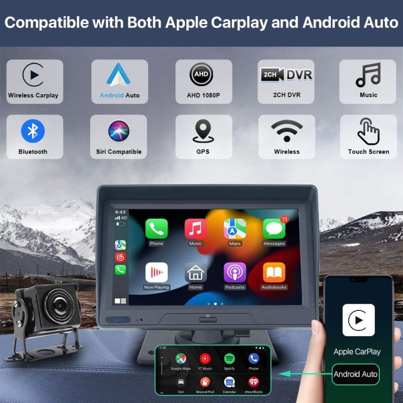 7 Inch Full HD Capacitive Touchscreen Car Stereo with Apple Carplay and Android Auto, Multimedia Player with Bluetooth, Mirror Link, Google, and Siri Assistant, Dash or Windshield Mounted