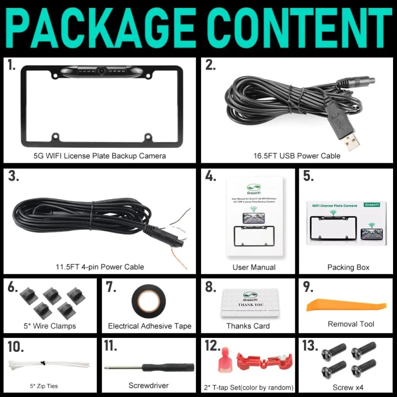 WiFi License Plate Backup Camera, GreenYi 5G Wireless 720P HD Car Rear View Reverse Cam for iPhone iPad Android Smart Phones Tablets Car Central Console Which Support Dual Band WiFi(2.4Ghz and 5Ghz)