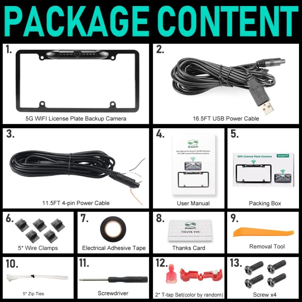 WiFi License Plate Backup Camera, GreenYi 5G Wireless 720P HD Car Rear View Reverse Cam for iPhone iPad Android Smart Phones Tablets Car Central Console Which Support Dual Band WiFi(2.4Ghz and 5Ghz)