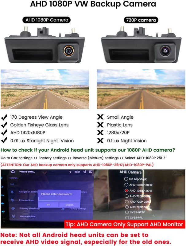 AHD 1080P Backup Camera, GreenYi Car Reverse Camera for Audi A4L A5 A3 Q3 Q5 RS6 for VW Passat Tiguan Jetta Touareg Skoda, ONLY Work with Monitor Radio Head Unit Supporting AHD 1080P Video Signal