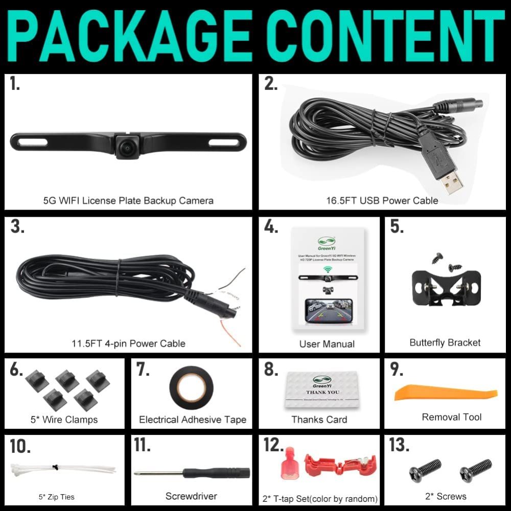 WiFi Car Wireless Backup Camera, GreenYi 5G 720P HD Car License Plate Rear / Front View Reverse Camera for iPhone iPad Android Smart Phones Tablets Which Support Double Band WiFi(2.4Ghz and 5Ghz)