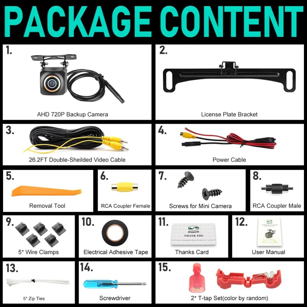 Updated Trajectory AHD Rear View Camera with Golden Rim Fisheye Lens, GreenYi 720P Back up Camera Only Work with Monitor Head Units Supporting AHD 720P Video Signal, Extra License Plate Frame Included