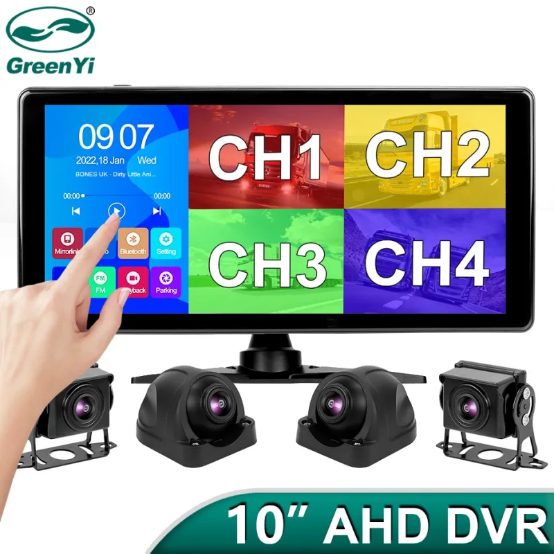 GreenYi 10" AHD 4CH Monitor Recording DVR 1080P Car Rear View Camera Truck Vehicle IPS Touch Screen Support FM Mirrorlink