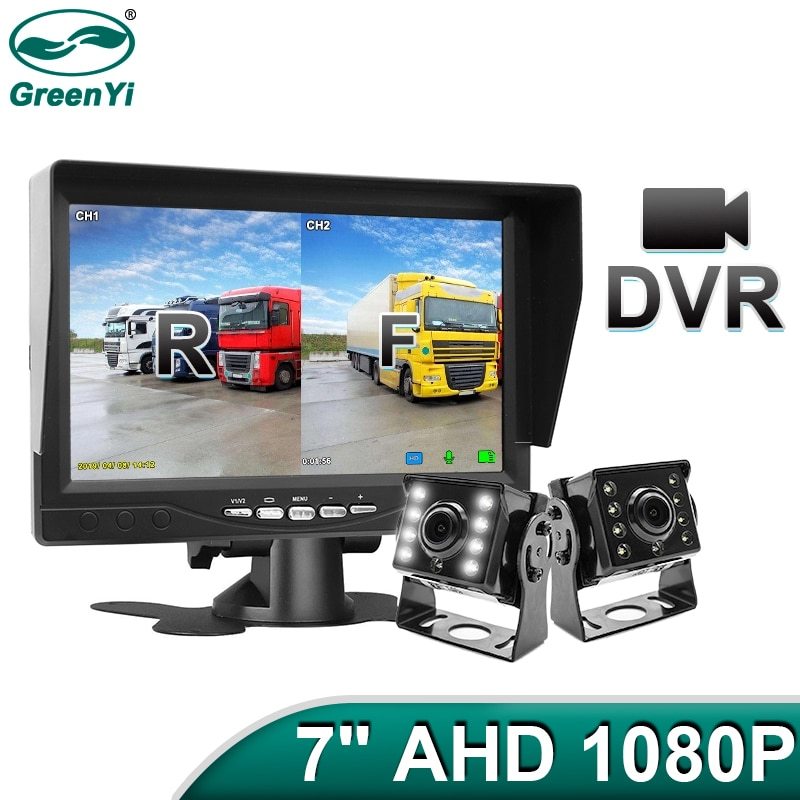 GreenYi 1920*1080 Recording DVR 2 Truck Backup Camera AHD Night Vision with 7" Vehicle Rear View Monitor Support SD Card