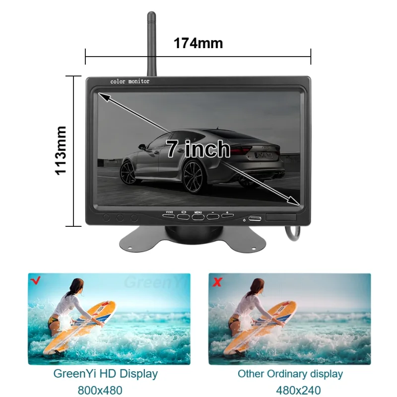 GreenYi Wireless 7 inch Car Monitor Screen Rear View Camera For Truck Bus RV Trailer Excavator Rearview Image 12V-24V Display