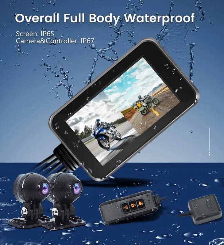 Motorcycle DVR Dash Cam, GreenYi 4” IPS Touch Screen w/ FHD 1080P Front &  Rear Camera