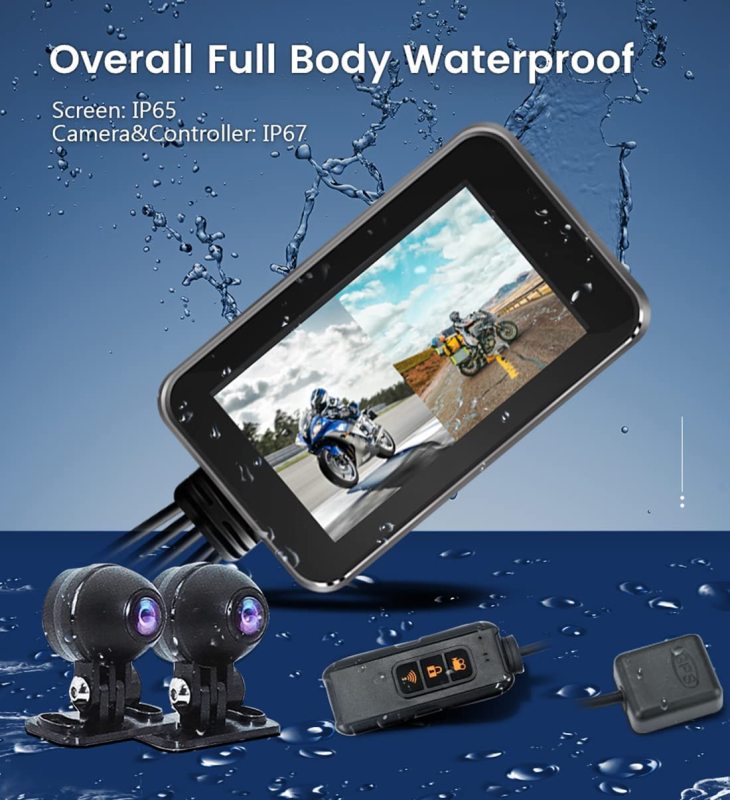 Motorcycle DVR Dash Cam, GreenYi 4” IPS Touch Screen w/ FHD 1080P Front &amp; Rear Camera, Support WiFi, GPS, G-Sensor, Loop Recording, Night Vision, Full Body Waterproof, Wired Control, 64G Card Included