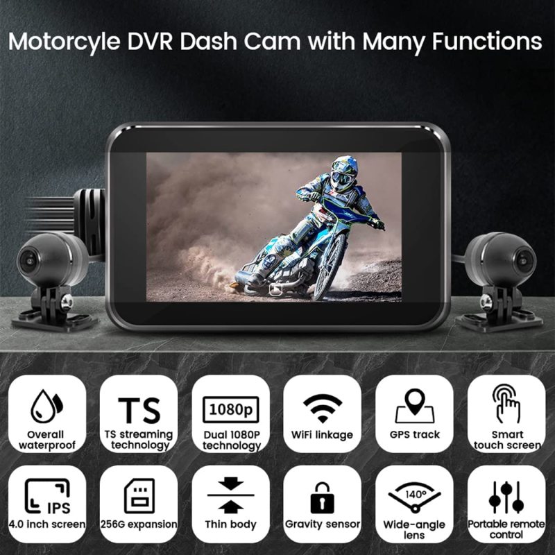 Motorcycle DVR Dash Cam, GreenYi 4” IPS Touch Screen w/ FHD 1080P Front &amp; Rear Camera, Support WiFi, GPS, G-Sensor, Loop Recording, Night Vision, Full Body Waterproof, Wired Control, 64G Card Included