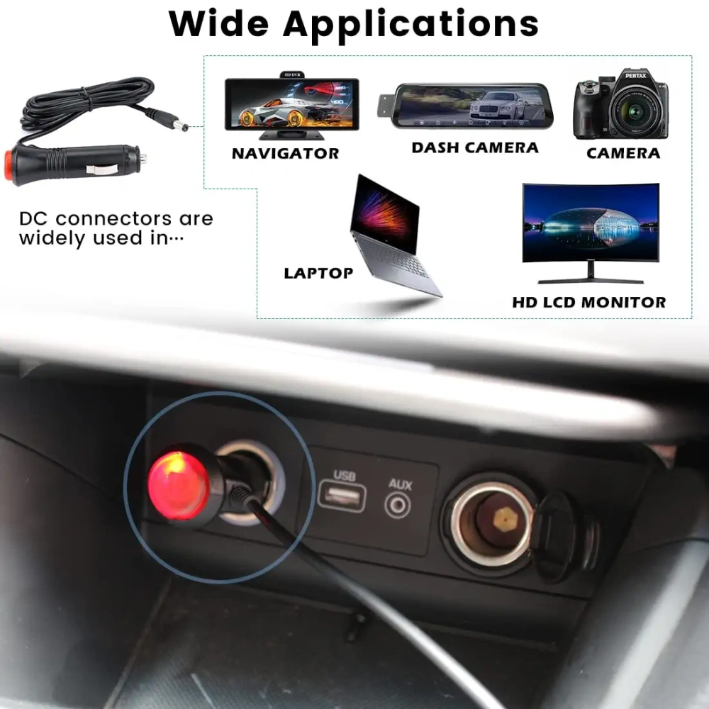 Cigarette Lighter for Car Backup Camera, Monitor, DVR, DVD, Bluetooth Speaker, GPS, Laptop, GreenYi 12V DC Cig. Lighter Charger Cord with Test Cable, DC Plug Adapter and DC Power Extension Cable